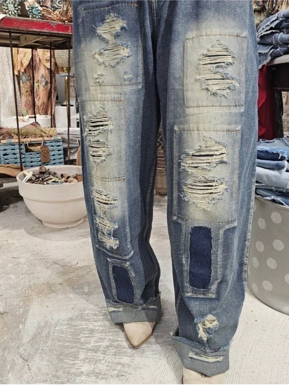 Women’s Wide-Leg Distressed Blue Patchwork Jeans